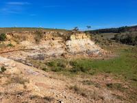 Talude de corte de área minerada para caulim mostrando camadas sedimentares contendo registros da paleoflora da Formação Rio Bonito. Autor: Carlos Peixoto (Agosto, 2023)
