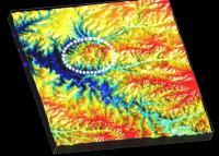 Vista em perspectiva 3D do modelo digital de elevação mostrando a feição geomorfológica circular do Cerro do Jarau (linha tracejada). Autor: Sanches (2014)
