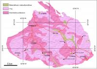 Mapa geológico simplificado do domo do Complexo Bação. Mapa compilado de Cavalcanti et al. (2016). Dados geocronológicos de Romano et al. (2013) e Lana et al. (2013).