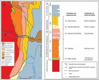 Figura 2 – a) Geologia da Serra do Espinhaço na região de Serranópolis de Minas; b) Coluna estratigráfica proposta para o Supergrupo Espinhaço na área atravessada pelo Canyon do Talhado.