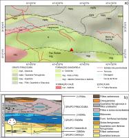 Figura 2 – a) Recorte da folha Dom Bosco - Ouro Branco (Johnson 1962) da geologia da área onde se insere a Gruta da Igrejinha (triângulo vermelho) ; b) coluna litoestratigráfica do Supergrupo Minas (Compilada de Endo et al. 2020).