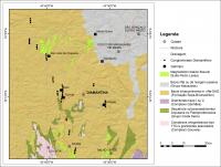 Figura 3 – Detalhe da geologia da área onde se insere os principais garimpos no Conglomerado Sopa. Modificado de Chaves & Benites (2004) e CPRM (2014). Figura anexada pelo responsável do cadastro.