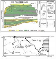 Figura 3 – a) Seção estratigráfica das sequências Macaúbas e Bambuí, (Compilado Alkmim & Martins-Neto 2012. Figura anexada pelo responsável do cadastro; b) localização da pedreira Sambra, próximo a Inhaúma e a oeste de Sete Lagoas - MG.