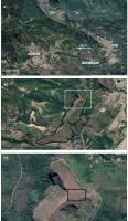 Figura 1 – Imagens de satélite obtidas do Google Earth (em abril de 2021). a) Imagem da área do Anticlinal de Mariana; b) imagem do Morro de Santo Antônio com o limite da área a ser tombada; c) detalhe do Morro Santo Antônio com a área onde foi realizado o estudo para elaboração do bloco diagrama.