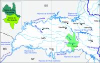 Fig 5 - Mapa com os principais cursos d´água que ocorrem na região do Triângulo Mineiro. Destaque para o município de Uberaba onde ocorrem afluentes das bacias do rio Grande e Paranaíba (adaptado de ANA 2006 e SEMAM 2002).