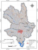 Fig. 5 - Mapa do município de Uberaba com a rede de drenagem, principais cursos d´água e divisão das bacias hidrográficas do Rio Grande (sul) e Rio Paranaíba (norte).  