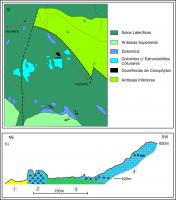 Figura 3 – a) Mapa geológico simplificado da região de Cabeludo (Dardenne, 1979); b) Seção esquemática dos afloramentos de Cabeludo, MG (Moeri, 1972). (1) solo laterítico; (2) dolomitos com Conophyton; (3) margas; (4) dolomitos superiores.