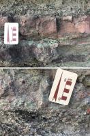 Fig. 4 - a) detalhe das barras arenosas; b) detalhe  de uma camada  de arenito conglomerático composto por fragmentos de rochas vulcanoclásticas alcalinas.
