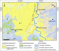 Fig. 8 - Mapa geológico simplificado da área onde se encontra o geossítio. (1) Rodas de Pedra de São Romão; (2) Dolina com exalação de gás; (3)Pavimentos estriados do Grupo Santa Fé. Mapa baseado em Pinto & Silva (2014).