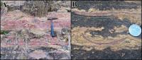 Litotipos da Fm Serra das Araras. A) Camadas de siltitos argilosos maciços, assemelhando-se a silexitos. B) Evidência de exposição subáerea (gretas de contração).  
