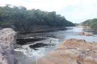 Vista do Rio Carabinani a partir da Pedra Sanduíche em direção SW. O rio escava as rochas da Formação Nhamundá formando cânions de paredes verticais e em trechos retilíneos (Foto: Caio Nunes).