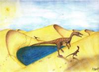 Figura 4: Antigo deserto da Formação Botucatu, Bacia do Paraná, Jurássico Superior - Cretáceo Inferior. Ilustração de dinossauros Theropoda, grupo Coelurossauria, produtores das pegadas. Fonte: Fernandes (2005).