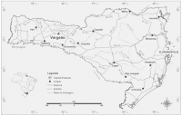 Mapa de localização e de acesso à cidade de Vargeão, localizada no interior da estrutura homônima.  Autor: Crósta A. P.; et. al. (2005)