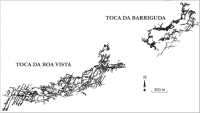 Planta baixa da Toca da Boa Vista e Toca da Barriguda representando as feições topográficas das cavernas, mapeadas pelo GBPE.  Fonte: SIGEP, 19, 2012.
