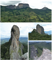 Diferentes vistas da Pedra do Baú (1), Bauzinho (2), Ana Chata (3). Fotos de S. T. Hiruma (Fonte Hiruma et al., 2011).