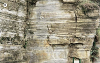 Clasto caído de quartzito (cerca de 20 cm de diâmetro). Notar deformação nos estratos acima e abaixo do clasto (Fonte: Artigo Sigep n. 62 de Antônio Carlos Rocha-Campos).