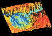 Vista em perspectiva 3D do modelo digital de elevação SRTM (Shutlle Radar Topographic Mission) do Domo de Vargeão. As cores quentes indicam altitudes mais elevadas e as cores frias as menos
elevadas. Crósta, A. P.; et. al. (2005)