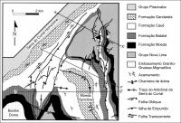 Figura 7 – Mapa geológico da região da junção entre a Serra do Curral e a Serra da Moeda com as principais estruturas (compilado de Alkmim et al. 1996). (1) Falha das Gorduras; (2) Falha da Mutuca; (3) Falha da Catarina; (4) Falha do Barreiro.
