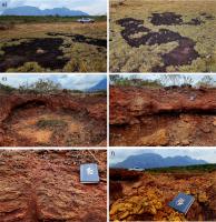 a) Vista parcial da Chapada da Canga com a Serra do Caraça ao fundo; b) detalhe mostrando áreas de acumulação de água na superfície da chapada; c) escavação realizada para amostragem da rocha; d) detalhe da escavação; e) detalhe mostrando uma superior formada por placas ferruginosas; f) detalhe mostrando a porção inferior composta por seixos de formação ferrífera envolvida por uma matriz limonítica.