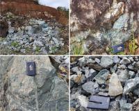 a) vista parcial da área da pedreira abandonada; b) detalhe do afloramento de esteatito; c) detalhe da área de rejeito da pedreira. Fotos dos autores.