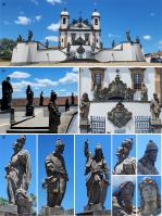 – a) Santuário de Bom Jesus de Matozinhos de Congonhas; b) vista lateral mostrando o arranjo de alguns apóstolos; c) detalhe mostrando a frente do santuário; d) vários detalhes das esculturas realizadas pelo Aleijadinho expostas na frente do santuário. Fotos dos autores.
