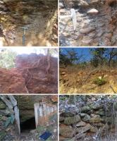 Fotos do afloramento 2. a) foto mostrando o conglomerado matriz suportado do paleoaluvião; b) detalhe do mesmo afloramento; c) foto mostrando o outro bloco de conglomerado; c) foto mostrando uma camada de conglomerado sobre o substrato de rochas do Grupo Nova Lima; e) galeria; f) ruina de um muro de padra seca. fotos dos Autores.