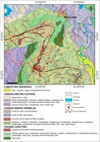 Mapa Geológico da região do Morro do Pires (Cavalcanti 2020a). Geossítio: (1) Morro do Pires; (2) Lapa Seca; (3) Mina de Morro Velho; (4) Centro de Memória da Mina de Morro Velho. Pontos descritos: (a) Filito Carbonáceo; (b) bombas vulcânicas; (c) e (d) canga; (e) formação ferrífera intercalada com metatufos.