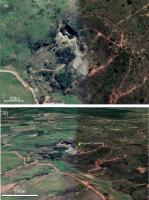 Figura - a) Imagem de satélite da área onde se insere o Pegmatito Sapucaia; b) imagem em perspectiva da área do Pegmatito Sapucaia (Imagem extraída do Google Earth, em 14/12/2021).