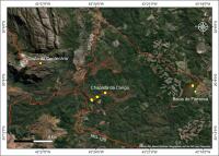 Mapa imagem de satélite com a localização e acesso a Chapada da Canga e de outros geossítio localizados na região.