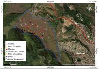 Mapa de localização do Morro Santana com os principais vestígios da atividade mineradora e o limite proposto para o geossítio.