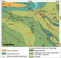 Recorte do mapa geológico da folha Conselheiro Lafaiete com a localização do geossítio, escala 1:100.000 (Santos & Baltazar, 2013).