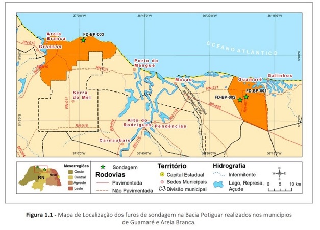 Mapa com a localização dos furos de sondagem, etapa de coleta de amostras para a avaliação do potencial de fosfato no municípios de Areia Branca e Guamaré